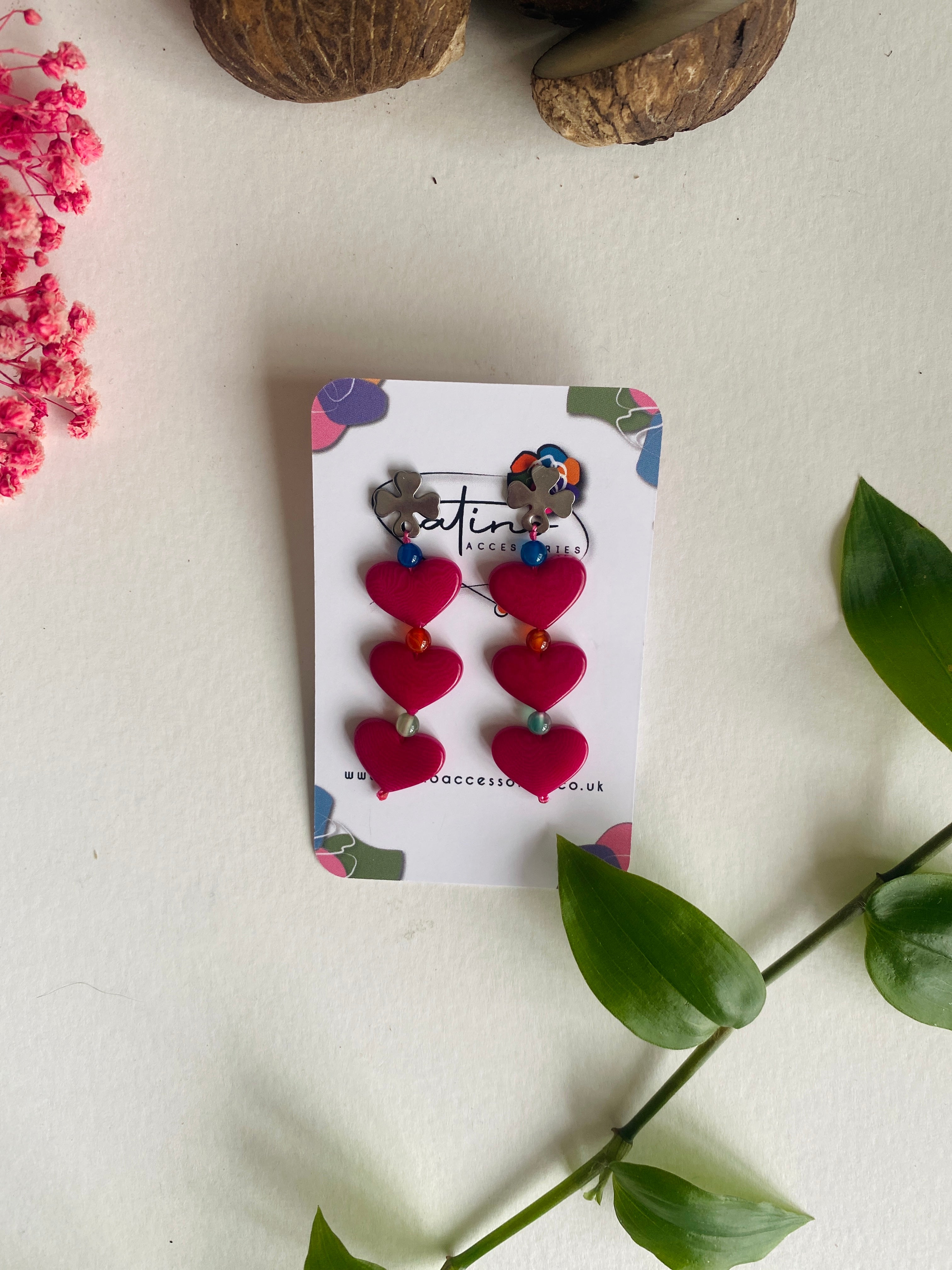 Three hearts earrings - Pink